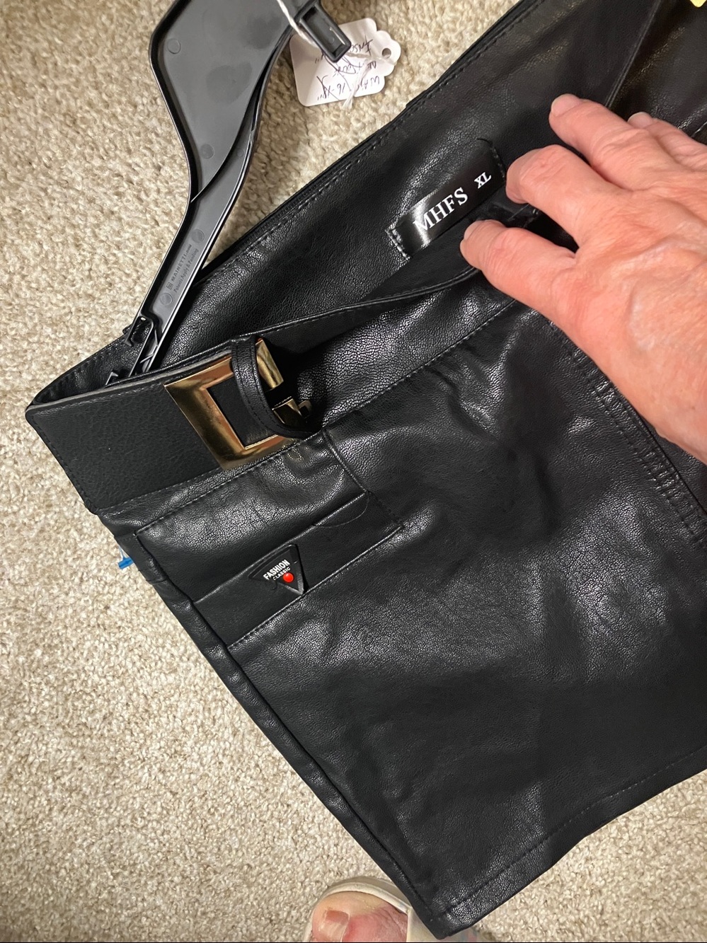 Black Faux Leather Mini Skirt with Gold Buckle Belt - Picture 8 of 9